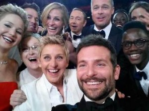 An image posted by Oscars show host Ellen DeGeneres (bottom row, 4th L) on her Twitter account shows movie stars, including Jared Leto, Jennifer Lawrence, Meryl Streep (bottom row L-3rd L), Channing Tatum, Julia Roberts, Kevin Spacey, Brad Pitt, Lupita Nyong'o, Angelina Jolie (top row L-R) and Bradley Cooper (bottom row, 2nd R), as well as Nyong'o's brother Peter (bottom row, R), posing for a picture taken by Cooper at the 86th Academy Awards in Hollywood, California March 2, 2014. The self-portrait tweeted by host DeGeneres and actors taken during Hollywood's annual Academy Awards ceremony on Sunday quickly became the most shared photo ever on Twitter. Picture taken March 2, 2014.   REUTERS/Ellen DeGeneres/Handout via Reuters  (UNITED STATES - Tags: ENTERTAINMENT MEDIA TPX IMAGES OF THE DAY PROFILE) ATTENTION EDITORS ? THIS IMAGE WAS PROVIDED BY A THIRD PARTY. NO SALES. NO ARCHIVES. FOR EDITORIAL USE ONLY. NOT FOR SALE FOR MARKETING OR ADVERTISING CAMPAIGNS. THIS PICTURE IS DISTRIBUTED EXACTLY AS RECEIVED BY REUTERS, AS A SERVICE TO CLIENTS