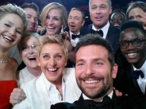 An image posted by Oscars show host Ellen DeGeneres (bottom row, 4th L) on her Twitter account shows movie stars, including Jared Leto, Jennifer Lawrence, Meryl Streep (bottom row L-3rd L), Channing Tatum, Julia Roberts, Kevin Spacey, Brad Pitt, Lupita Nyong'o, Angelina Jolie (top row L-R) and Bradley Cooper (bottom row, 2nd R), as well as Nyong'o's brother Peter (bottom row, R), posing for a picture taken by Cooper at the 86th Academy Awards in Hollywood, California March 2, 2014. The self-portrait tweeted by host DeGeneres and actors taken during Hollywood's annual Academy Awards ceremony on Sunday quickly became the most shared photo ever on Twitter. Picture taken March 2, 2014. REUTERS/Ellen DeGeneres/Handout via Reuters (UNITED STATES - Tags: ENTERTAINMENT MEDIA TPX IMAGES OF THE DAY PROFILE) ATTENTION EDITORS ? THIS IMAGE WAS PROVIDED BY A THIRD PARTY. NO SALES. NO ARCHIVES. FOR EDITORIAL USE ONLY. NOT FOR SALE FOR MARKETING OR ADVERTISING CAMPAIGNS. THIS PICTURE IS DISTRIBUTED EXACTLY AS RECEIVED BY REUTERS, AS A SERVICE TO CLIENTS
