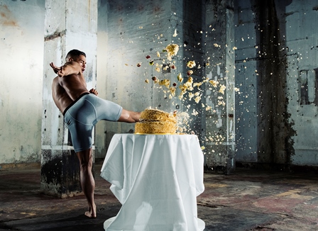 Image of MMA artist Tom ‘Fire Kid’ Duquesnoy kicking through the top tier of a wedding cake, showing the split-second moment of impact. Image taken by professional sports photographer Tom Miles using the Nikon D500, which shoots at 10 frames per second.