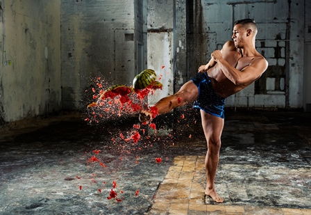 Image of MMA artist Tom ‘Fire Kid’ Duquesnoy kicking through a watermelon, showing the split-second moment of impact. Image taken by professional sports photographer Tom Miles using the Nikon D500, which shoots at 10 frames per second.
