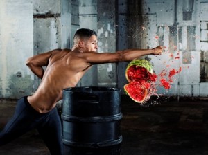 Image of MMA artist Tom ‘Fire Kid’ Duquesnoy punching through a watermelon, showing the split-second moment of impact. Image taken by professional sports photographer Tom Miles using the Nikon D500, which shoots at 10 frames per second.